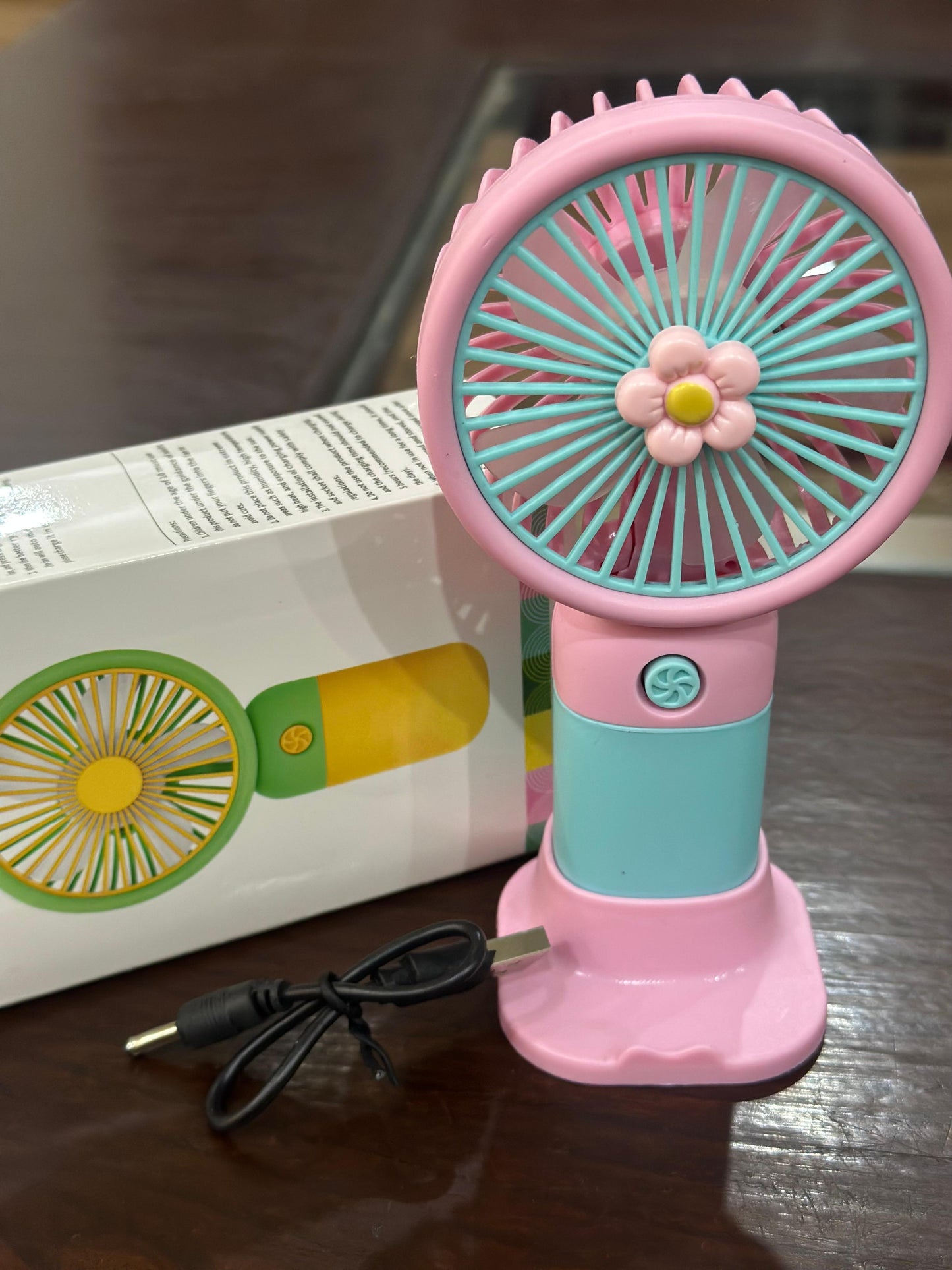 Rechargeable Mini USB Fan – Cute Flower Design | Portable Handheld Desk Fan with Stand | Strong Wind & Low Noise