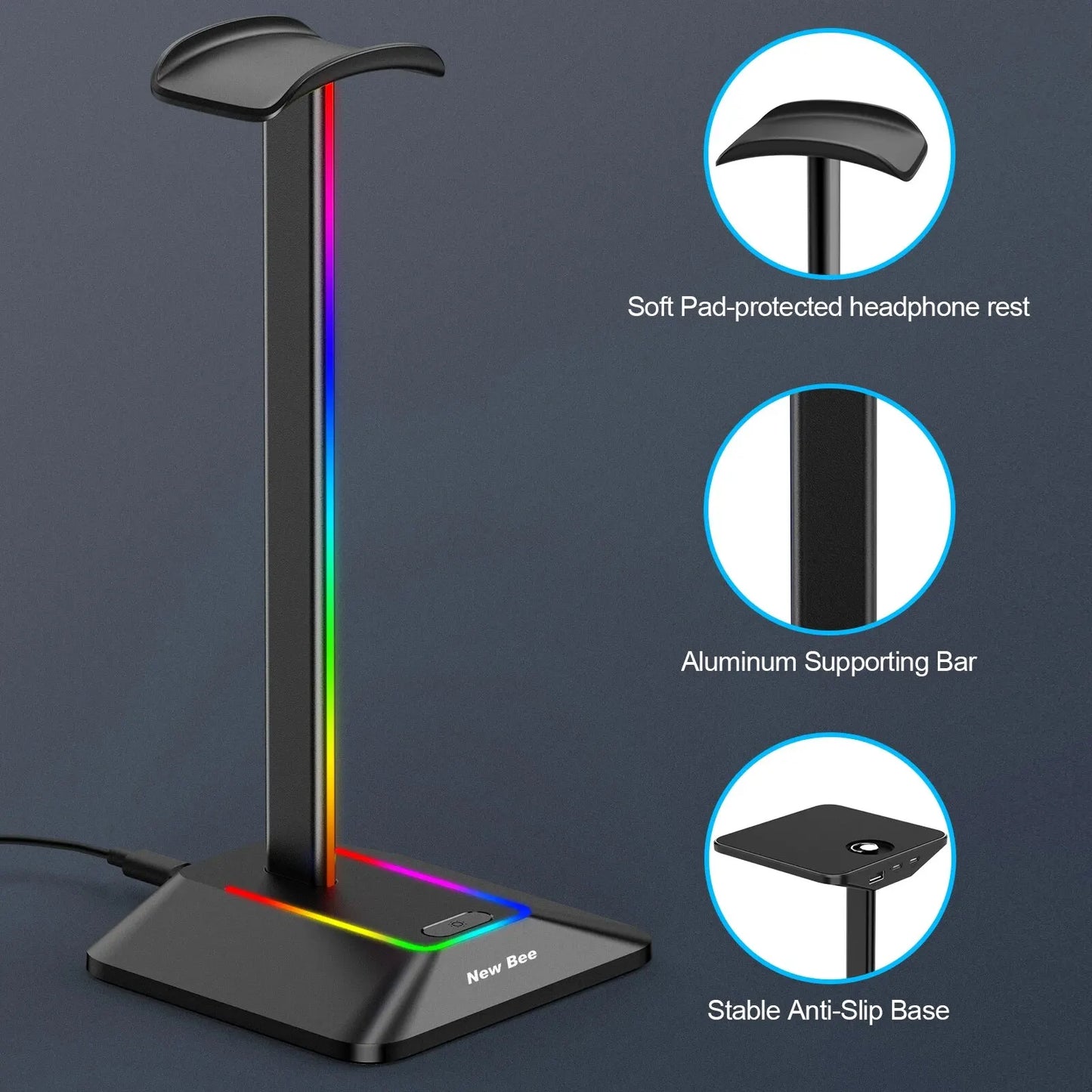 New Bee Z8 RGB Headphone Stand – Gaming Headset Holder with USB Ports
