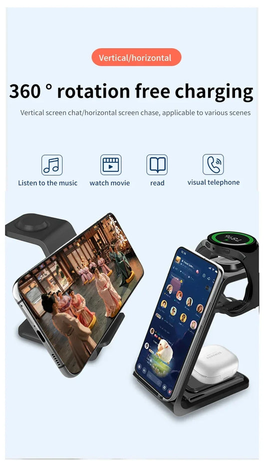 65W 3-in-1 Fast Wireless Charger Stand – iPhone, Samsung, Watch
