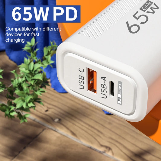 65W GaN USB-C Fast Charger | Quick Charge Wall Adapter for iPhone, Samsung, Xiaomi (EU/US Plug)