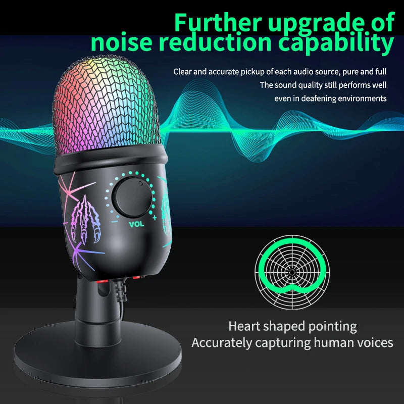 USB Gaming Microphone – Condenser Mic with LED & Noise Canceling