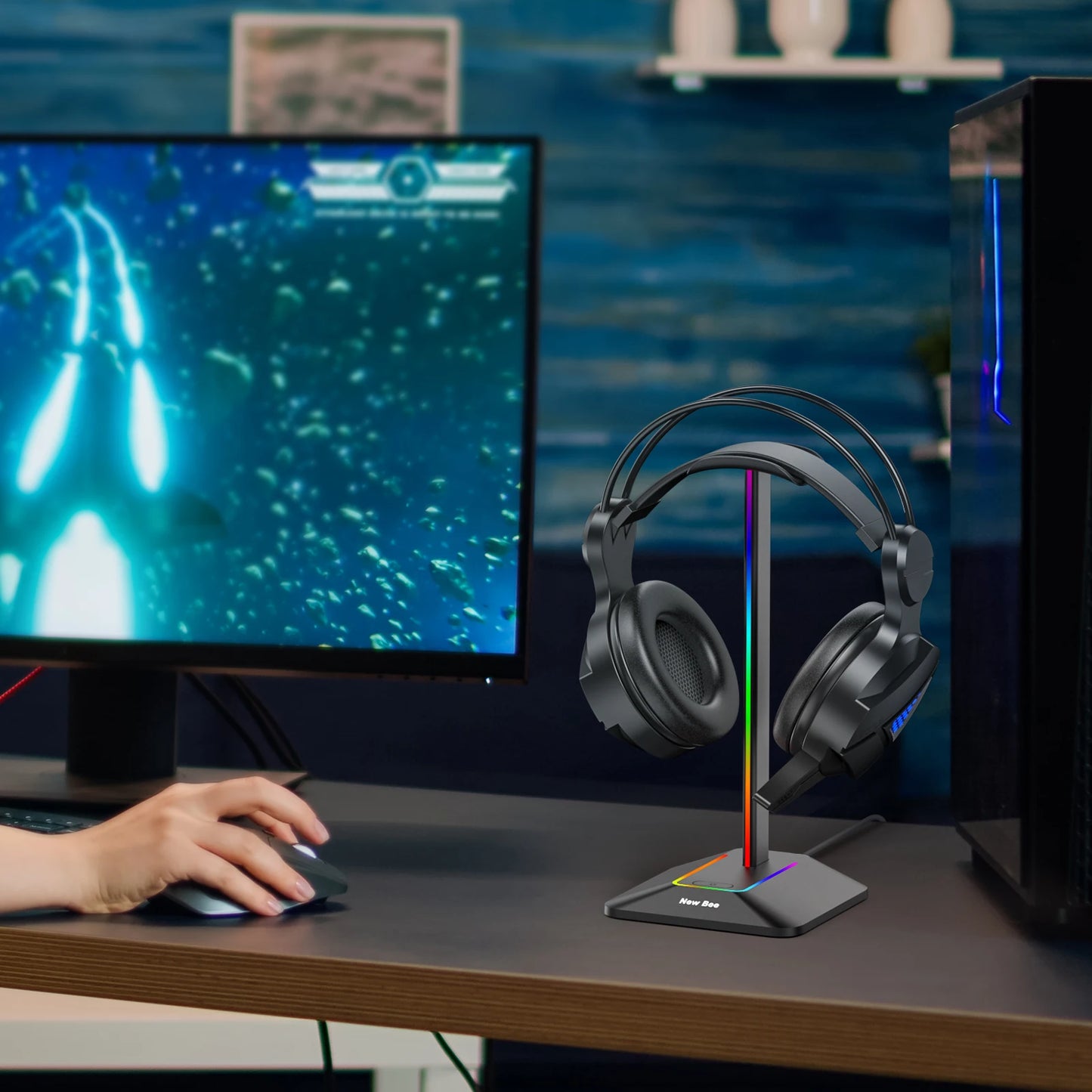 New Bee Z8 RGB Headphone Stand – Gaming Headset Holder with USB Ports