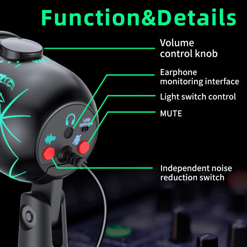 USB Gaming Microphone – Condenser Mic with LED & Noise Canceling