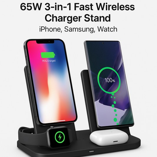 65W 3-in-1 Fast Wireless Charger Stand – iPhone, Samsung, Watch
