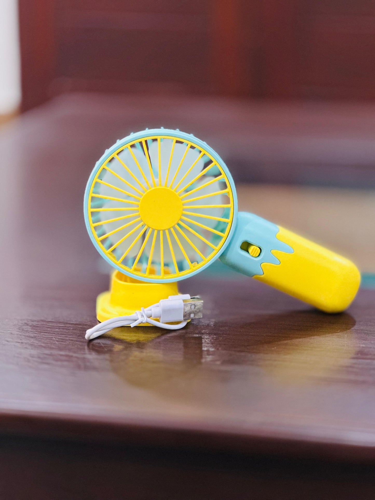 Mini Handheld Fan, USB Rechargeable Portable Fan - 3 Speeds, Strong Wind, Personal Desk Fan for Office, Travel, Home | Battery Operated (Yellow and blue)