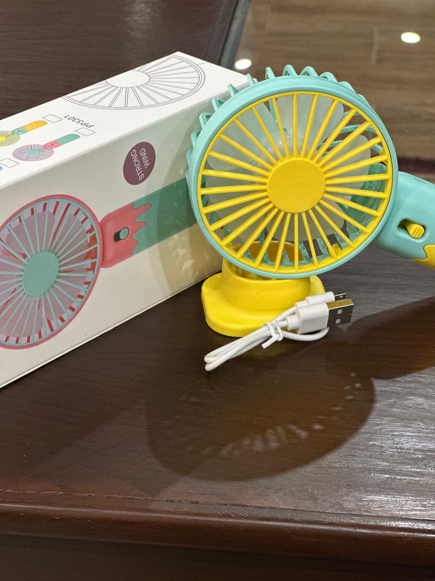 Mini Handheld Fan, USB Rechargeable Portable Fan - 3 Speeds, Strong Wind, Personal Desk Fan for Office, Travel, Home | Battery Operated (Yellow and blue)