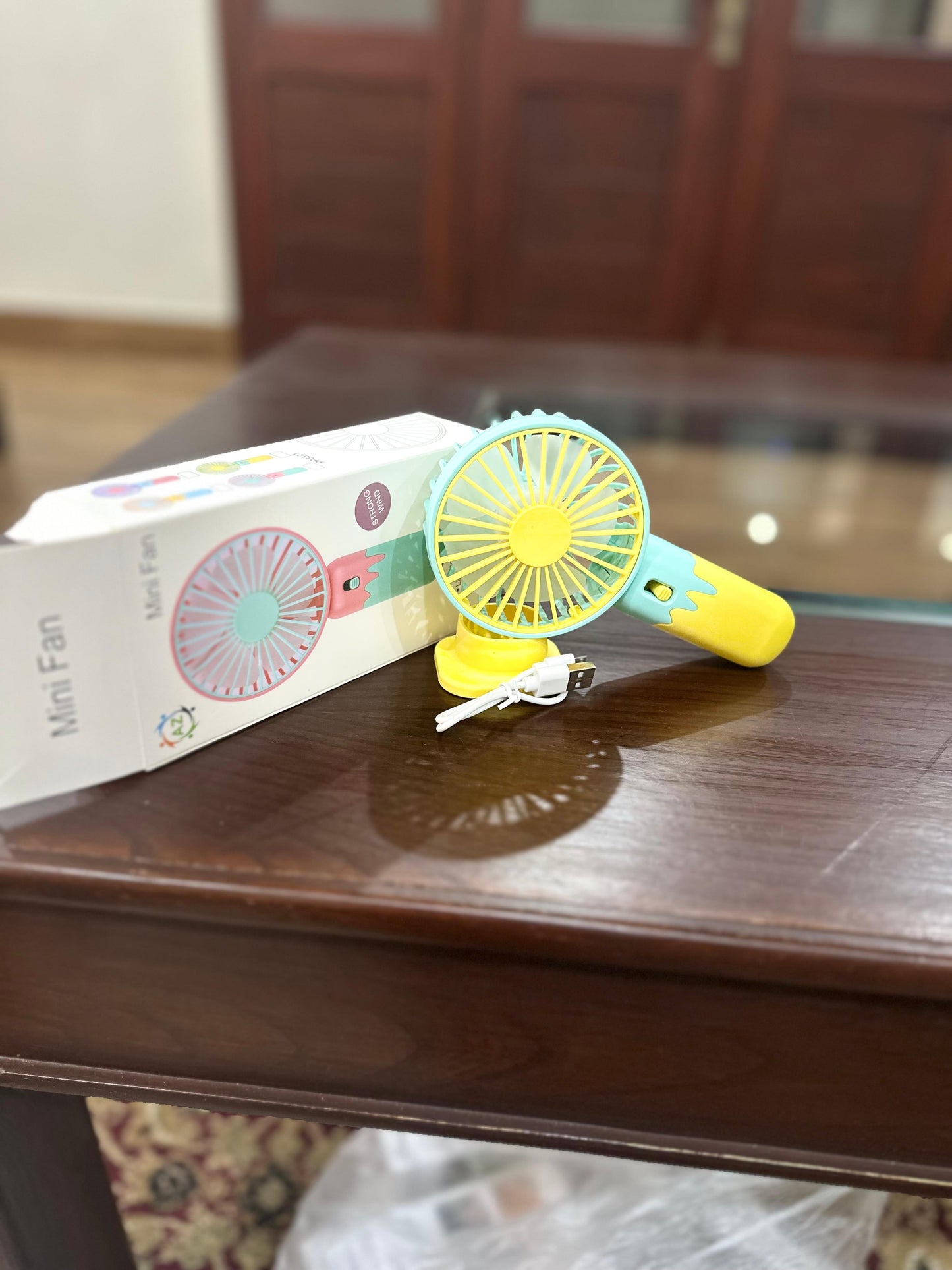 Mini Handheld Fan, USB Rechargeable Portable Fan - 3 Speeds, Strong Wind, Personal Desk Fan for Office, Travel, Home | Battery Operated (Yellow and blue)