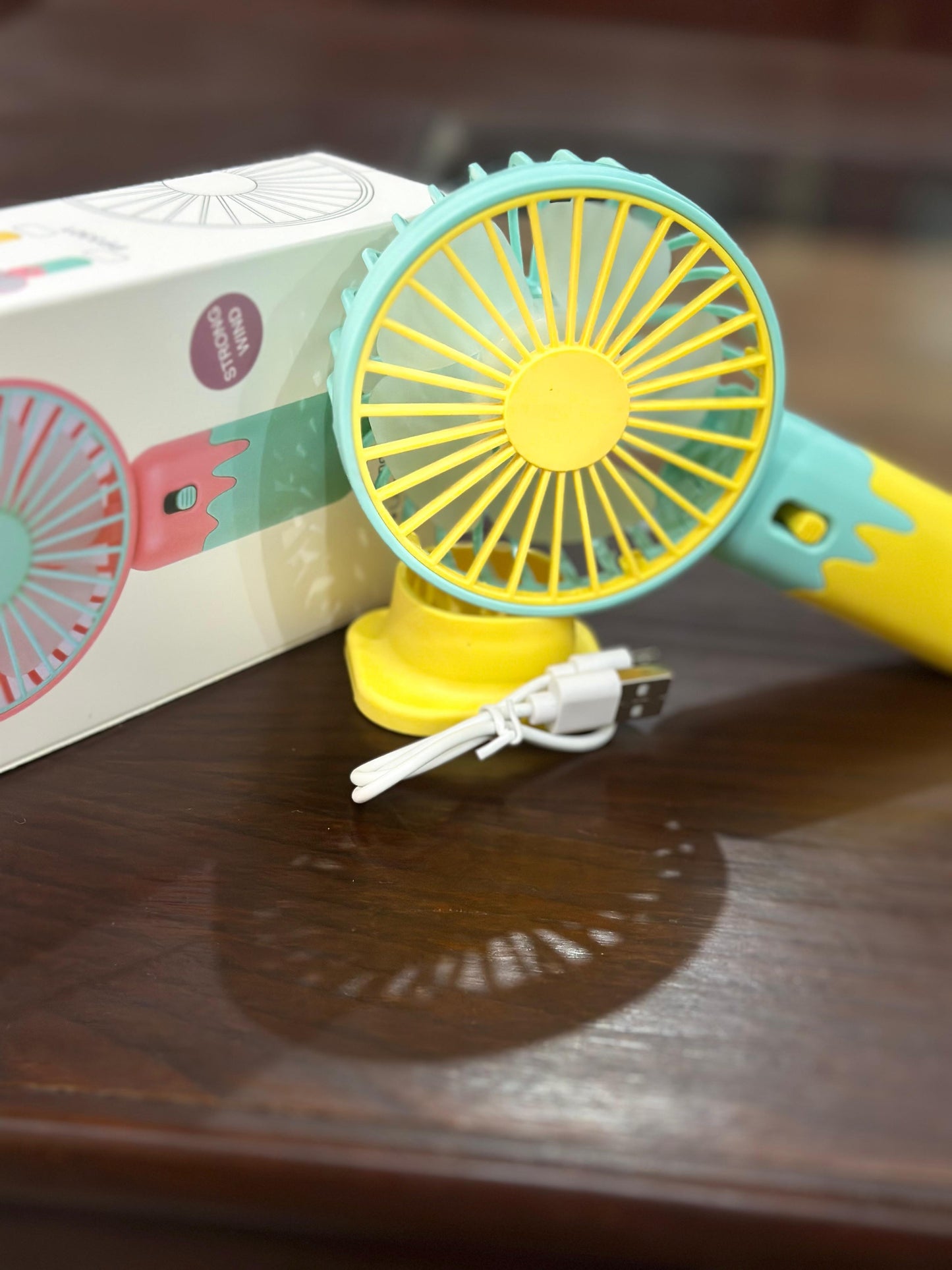 Mini Handheld Fan, USB Rechargeable Portable Fan - 3 Speeds, Strong Wind, Personal Desk Fan for Office, Travel, Home | Battery Operated (Yellow and blue)