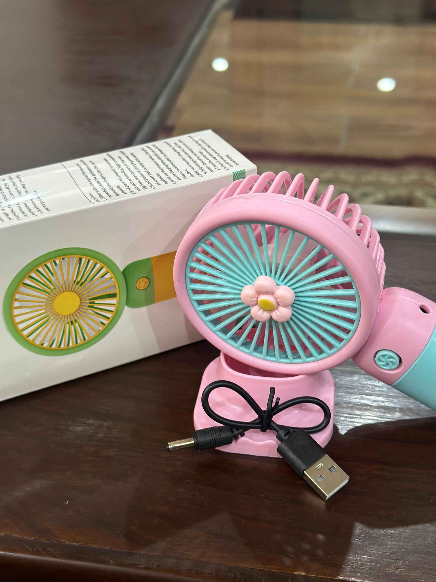 Rechargeable Mini USB Fan – Cute Flower Design | Portable Handheld Desk Fan with Stand | Strong Wind & Low Noise