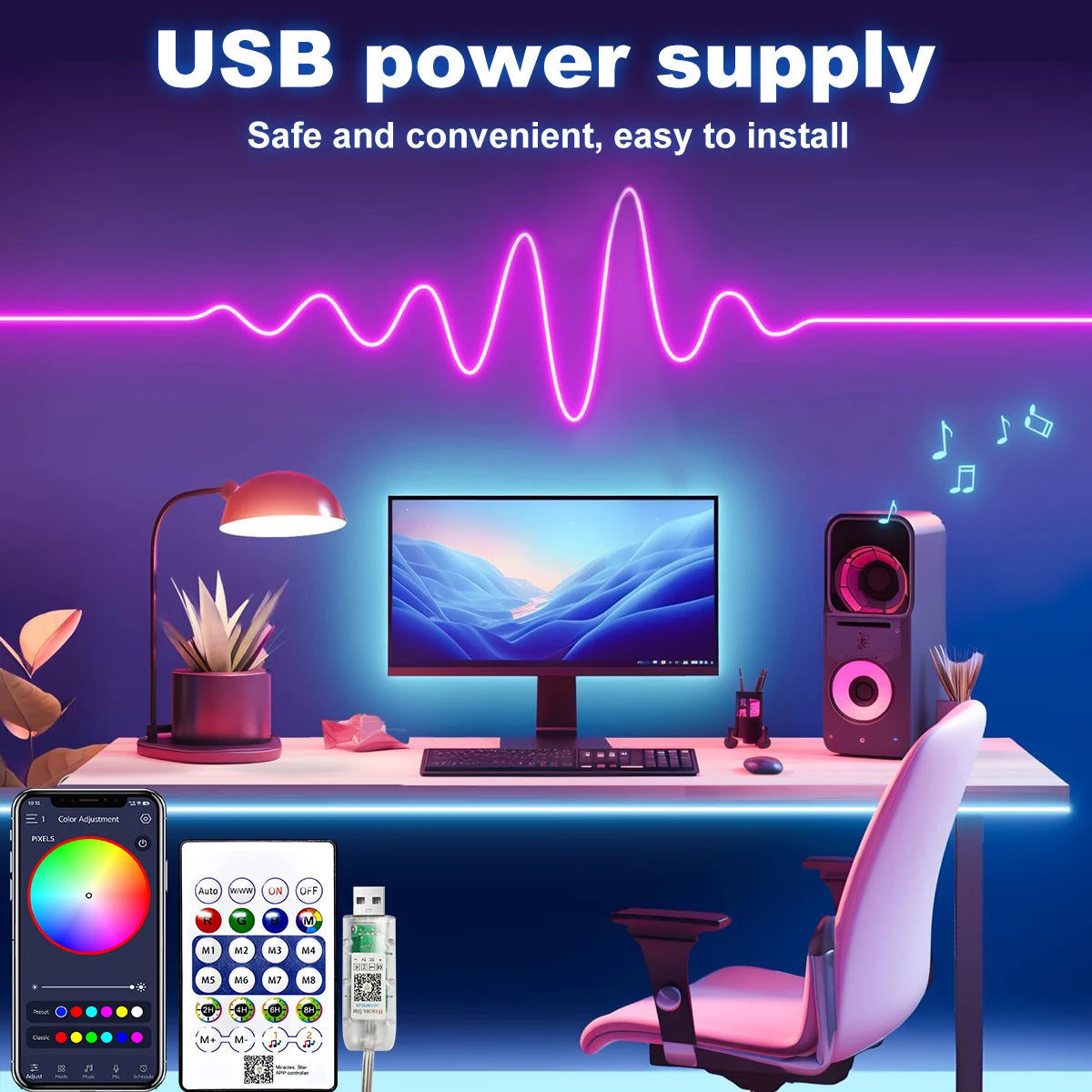 USB RGB Neon Strip Light – Waterproof LED Tape with Bluetooth Control