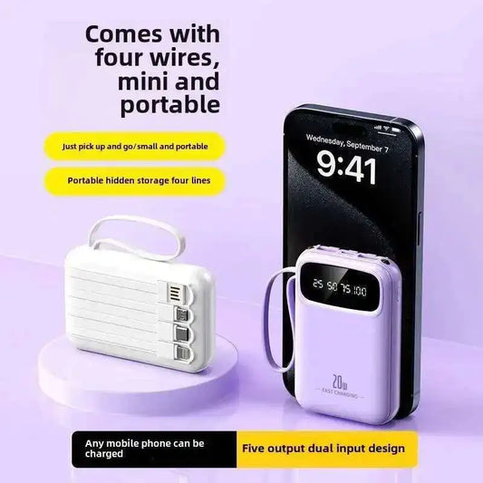 20,000mAh Power Bank – 4-in-1 Fast Charger with Built-in Cables