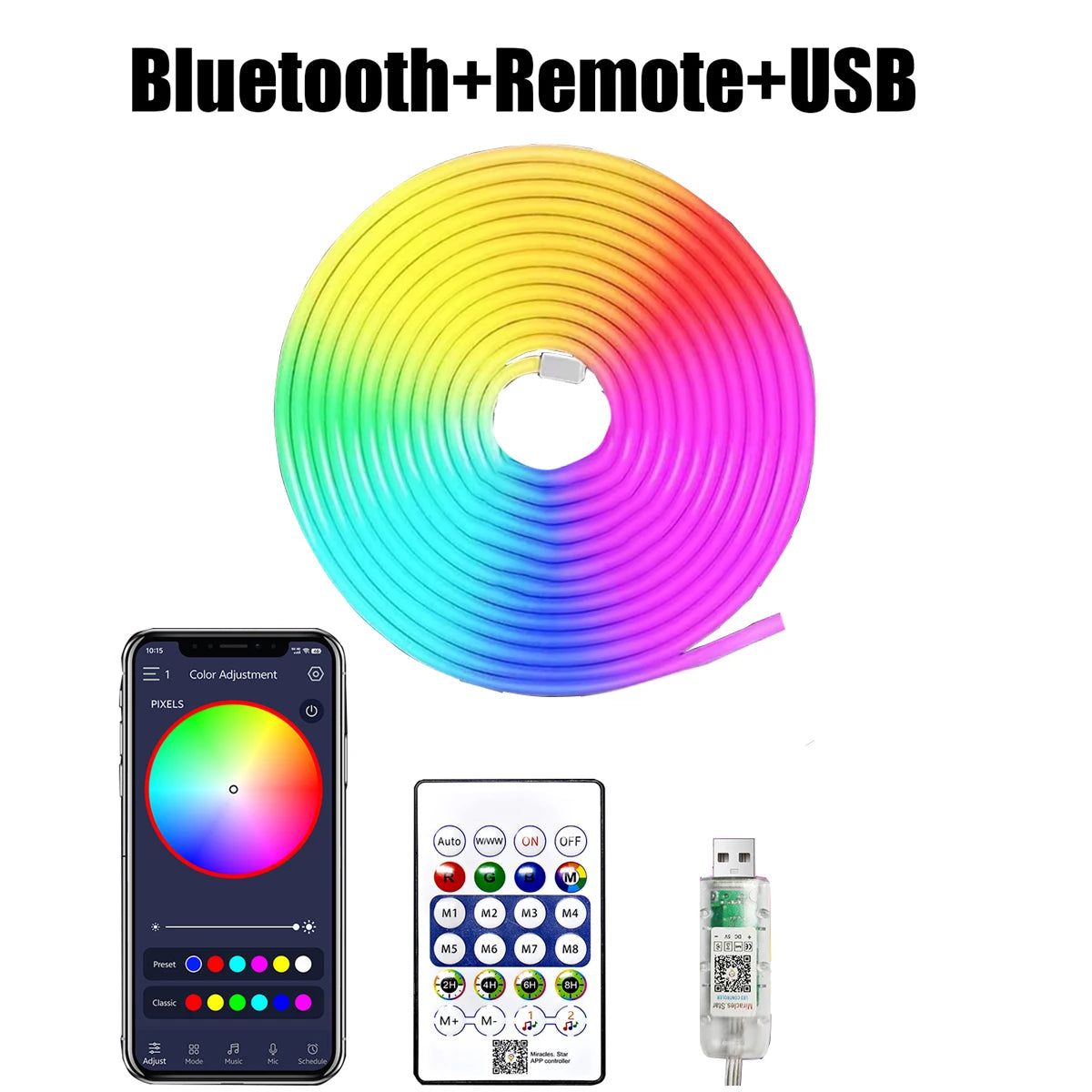 USB RGB Neon Strip Light – Waterproof LED Tape with Bluetooth Control